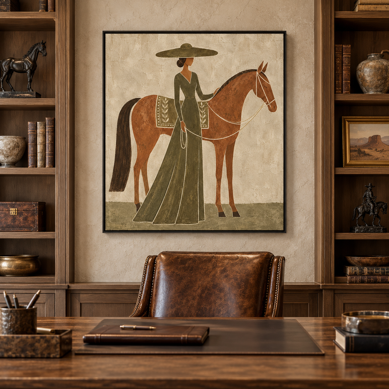 Hand-Painted Minimalist Horse & Lady Oil Painting – Modern Equestrian Wall Art, Earthy Neutral Canvas Art for Living Room, Bedroom & Office Decor TEXVAS | Textured Canvas Art