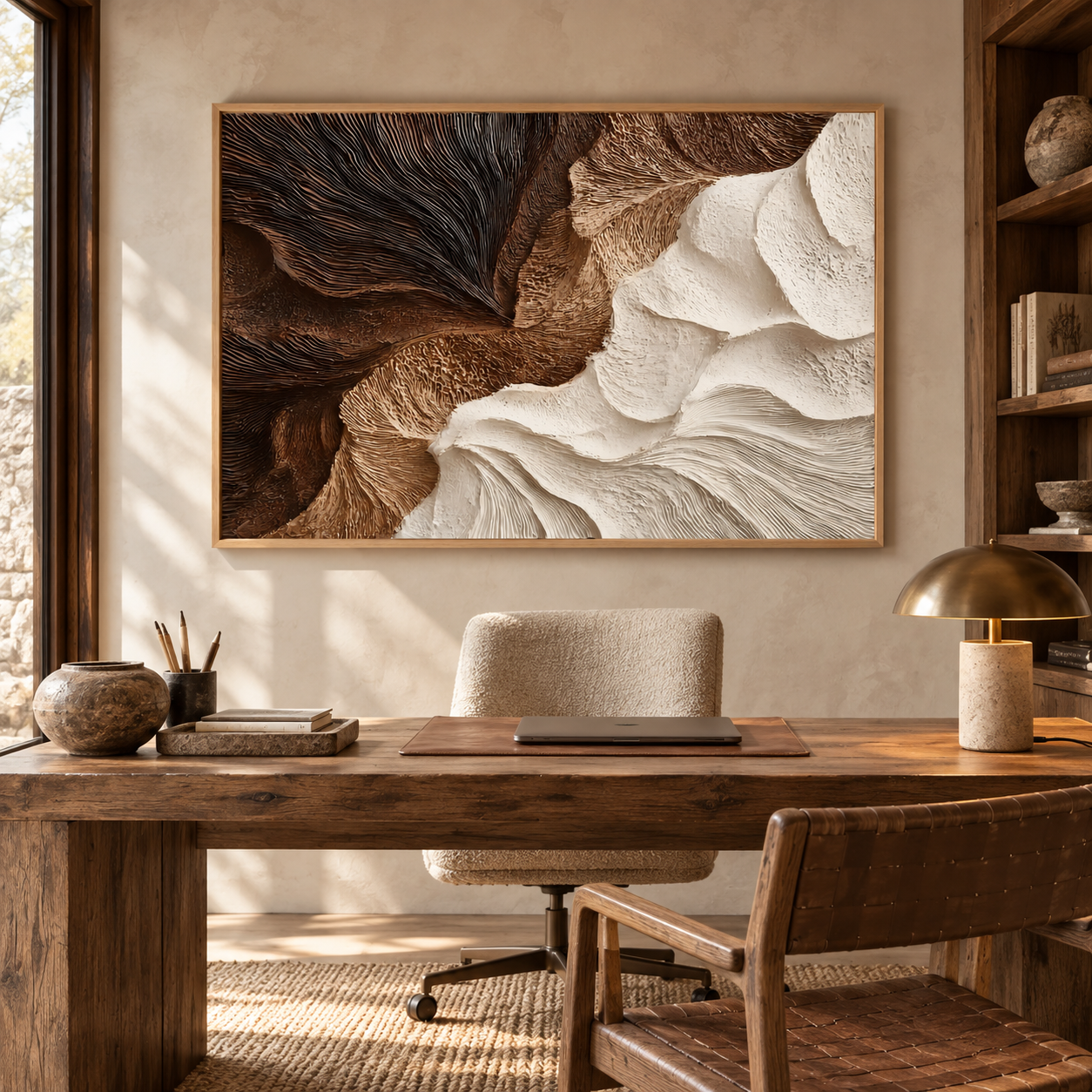 Contrast Wings – Hand-Painted 3D Dark Chocolate & Cream Textured Canvas Wall Art | Earthy Wabi-Sabi Framed Artwork TEXVAS | Textured Canvas Art