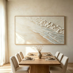 Minimalist Coastal Calm 3D Texture Art – Hand-Painted White Sand & Waves (Abstract Seascape Horizontal Wall Decor)