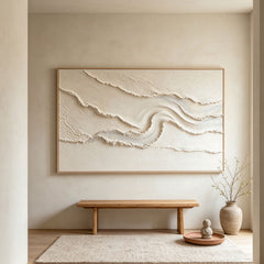 Minimalist Flowing Ridge 3D Texture Art – Hand-Painted White & Cream Abstract Landscape (Horizontal Wall Decor)