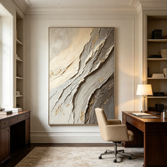 Contemporary Textured Abstract Art – Hand-Painted Neutral Tones with Golden Accents (Vertical Wall Decor)