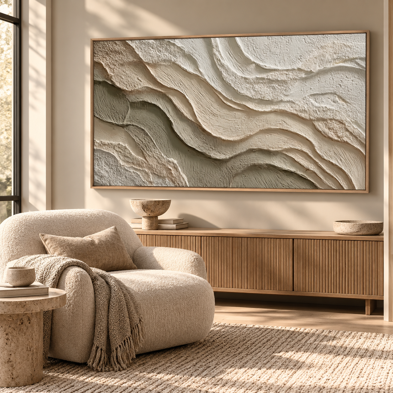 Serene Strata – Hand-Painted 3D Cream & Sand Textured Canvas Wall Art | Earthy Wabi-Sabi Framed Artwork TEXVAS | Textured Canvas Art