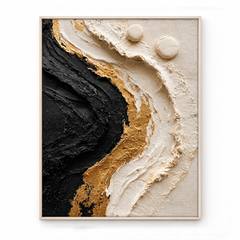 Large Vertical 3D Textured Black and Gold Canvas Wall Art – Hand-Painted Modern Abstract Cream Wave Plaster Oil Painting, Gold Leaf Impasto Artwork with 3D Spheres for Entryway & Living Room Decor TEXVAS | Textured Canvas Art