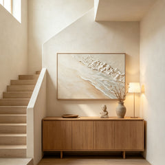 Minimalist Coastal Calm 3D Texture Art – Hand-Painted White Sand & Waves (Abstract Seascape Horizontal Wall Decor)