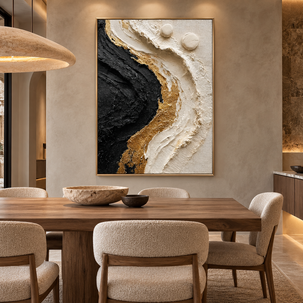 Large Vertical 3D Textured Black and Gold Canvas Wall Art – Hand-Painted Modern Abstract Cream Wave Plaster Oil Painting, Gold Leaf Impasto Artwork with 3D Spheres for Entryway & Living Room Decor TEXVAS | Textured Canvas Art
