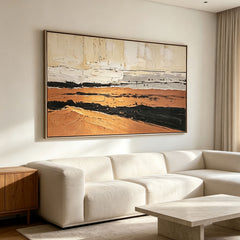 Oversized Terracotta Color Block Wall Art & Textured Geometric Abstract Painting | Cream Beige Canvas with Gold Line Accent