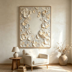 Botanical Elegance 3D Floral Texture Art – Hand-Painted Relief Flowers (Vertical Wall Decor)