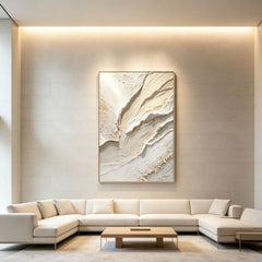 Modern Luxury 3D Texture Abstract Art Painting (Hand-Painted Cream & Gold Accented Horizontal Living Room Wall Decor)