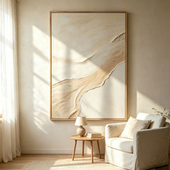 Minimalist Cream & Beige 3D Texture Art – Hand-Painted Abstract Flowing Dunes (Vertical Wall Decor)