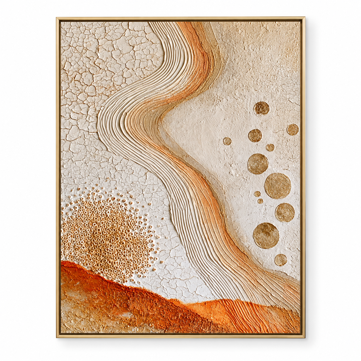 Large Vertical 3D Textured Terracotta Canvas Wall Art – Hand-Painted Gold Foil Circles & Cracked Plaster Oil Painting, Modern Wabi-Sabi Desert Wave Impasto Art with Bead Relief for Entryway & Bedroom Decor TEXVAS | Textured Canvas Art