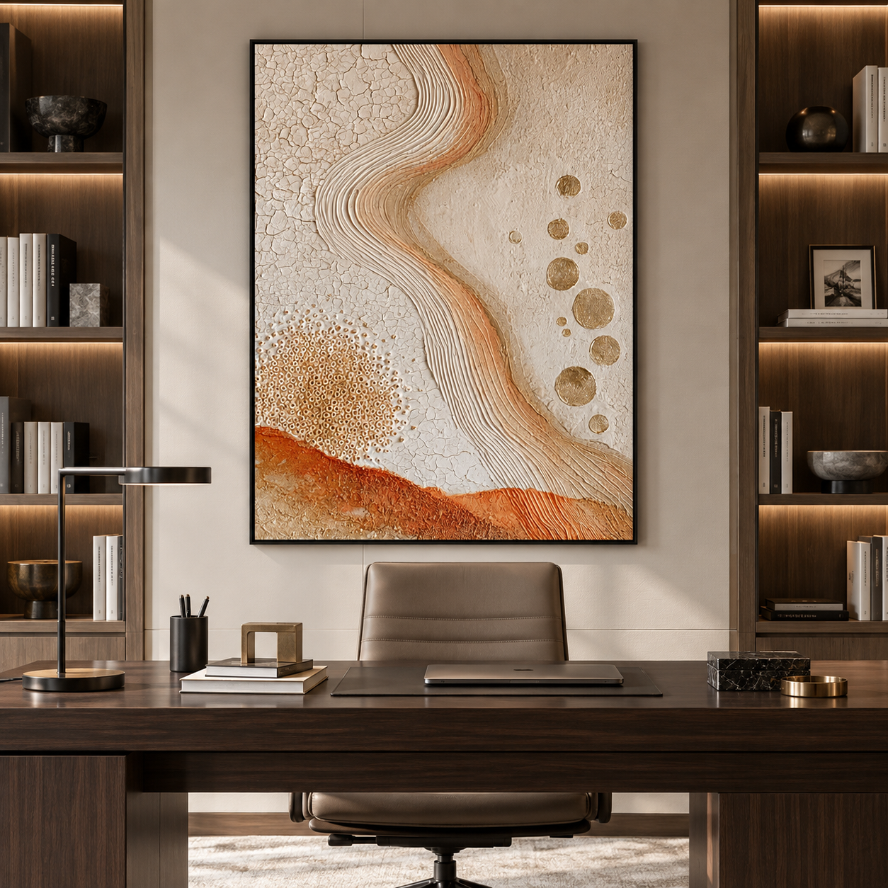 Large Vertical 3D Textured Terracotta Canvas Wall Art – Hand-Painted Gold Foil Circles & Cracked Plaster Oil Painting, Modern Wabi-Sabi Desert Wave Impasto Art with Bead Relief for Entryway & Bedroom Decor TEXVAS | Textured Canvas Art