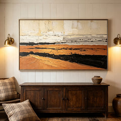 Oversized Terracotta Color Block Wall Art & Textured Geometric Abstract Painting | Cream Beige Canvas with Gold Line Accent
