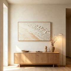 Minimalist Coastal Calm 3D Texture Art – Hand-Painted White Sand & Waves (Abstract Seascape Horizontal Wall Decor)