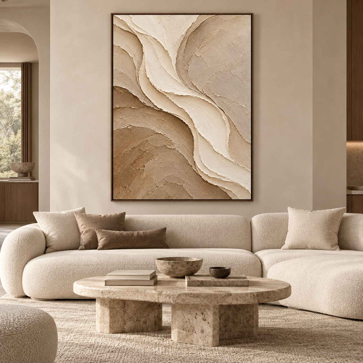 Large Vertical 3D Textured Neutral Canvas Wall Art – Hand-Painted Beige & Brown Wave River Plaster Oil Painting, Modern Wabi-Sabi Earthy Impasto Palette Knife Artwork for Entryway & Bedroom Decor TEXVAS | Textured Canvas Art