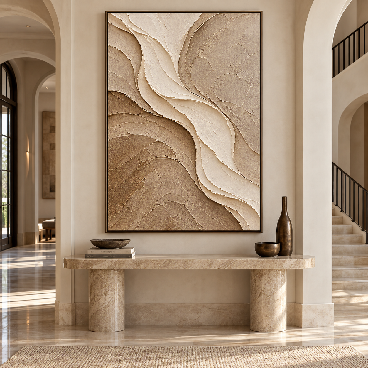 Large Vertical 3D Textured Neutral Canvas Wall Art – Hand-Painted Beige & Brown Wave River Plaster Oil Painting, Modern Wabi-Sabi Earthy Impasto Palette Knife Artwork for Entryway & Bedroom Decor TEXVAS | Textured Canvas Art