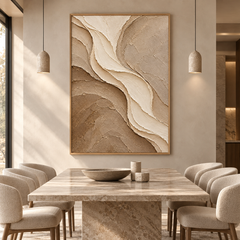 Large Vertical 3D Textured Neutral Canvas Wall Art – Hand-Painted Beige & Brown Wave River Plaster Oil Painting, Modern Wabi-Sabi Earthy Impasto Palette Knife Artwork for Entryway & Bedroom Decor TEXVAS | Textured Canvas Art