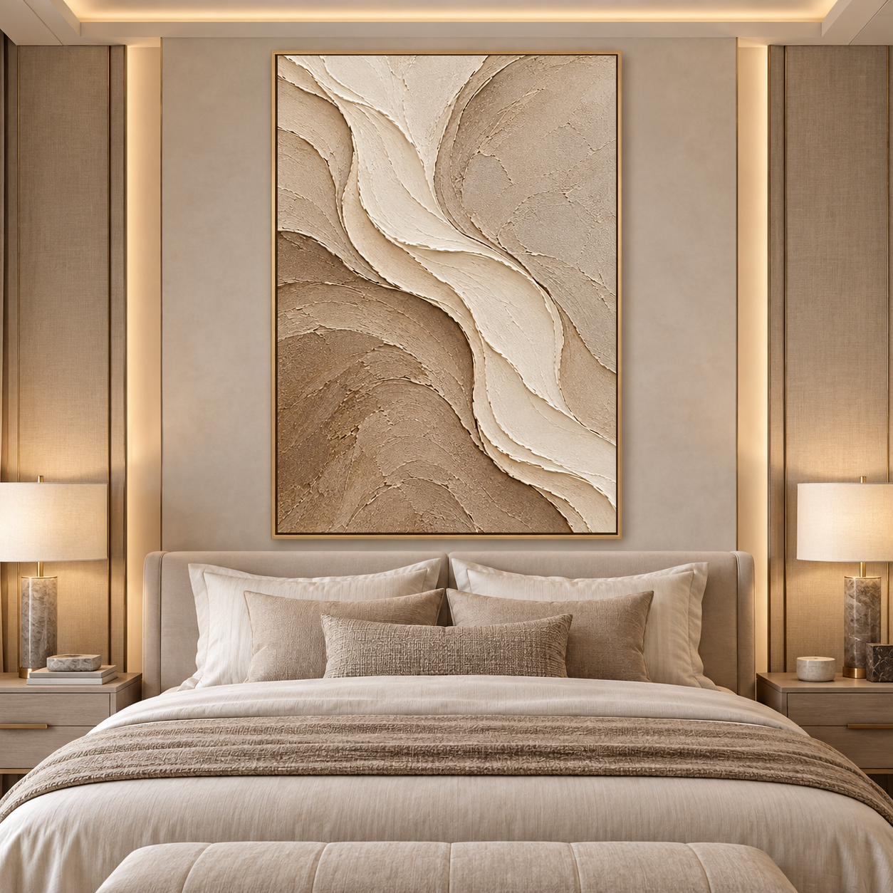 Large Vertical 3D Textured Neutral Canvas Wall Art – Hand-Painted Beige & Brown Wave River Plaster Oil Painting, Modern Wabi-Sabi Earthy Impasto Palette Knife Artwork for Entryway & Bedroom Decor TEXVAS | Textured Canvas Art