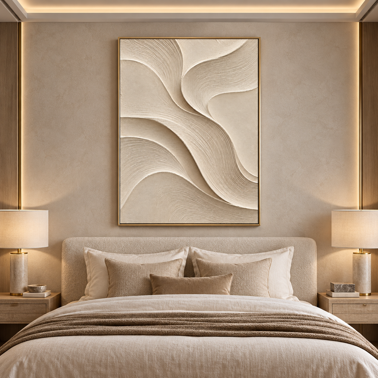 Large Vertical 3D Textured Minimalist Canvas Wall Art – Hand-Painted Cream & Beige Waves Plaster Oil Painting, Modern Wabi-Sabi Sand Dune Combed Impasto Artwork for Entryway & Bedroom Decor TEXVAS | Textured Canvas Art