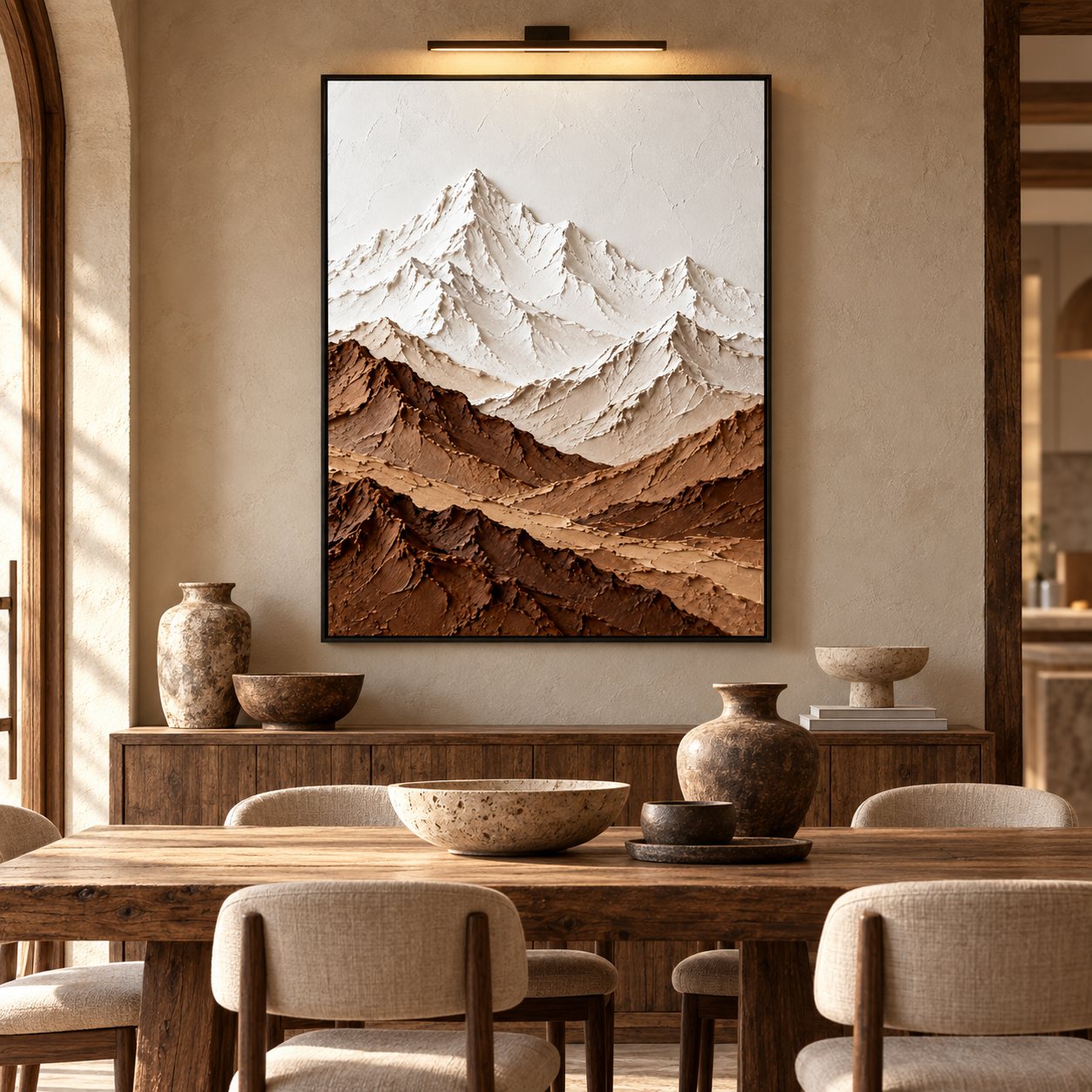 Alpine Peaks – Hand-Painted 3D Snow Mountain & Earthy Brown Textured Canvas Wall Art | Vertical Minimalist Framed Artwork TEXVAS | Textured Canvas Art