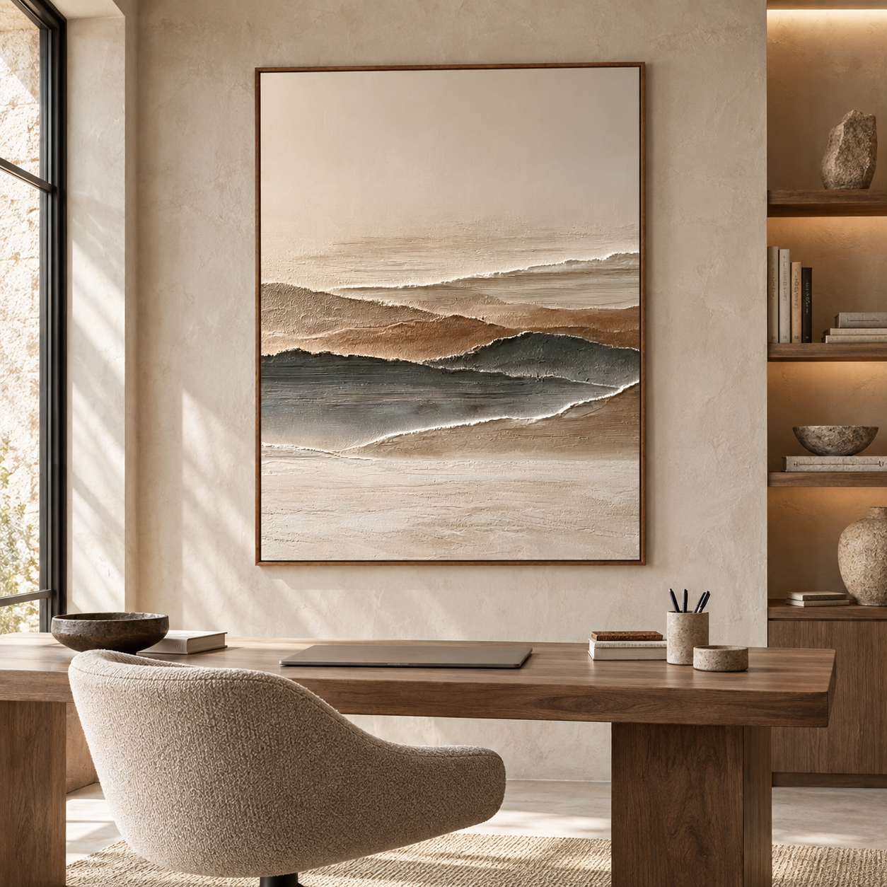 Minimalist Mountain Horizon 3D Textured Wall Art – Earthy Beige & Slate Grey Impasto Canvas Painting for Living Room, Wabi-Sabi Landscape Wall Decor TEXVAS | Textured Canvas Art