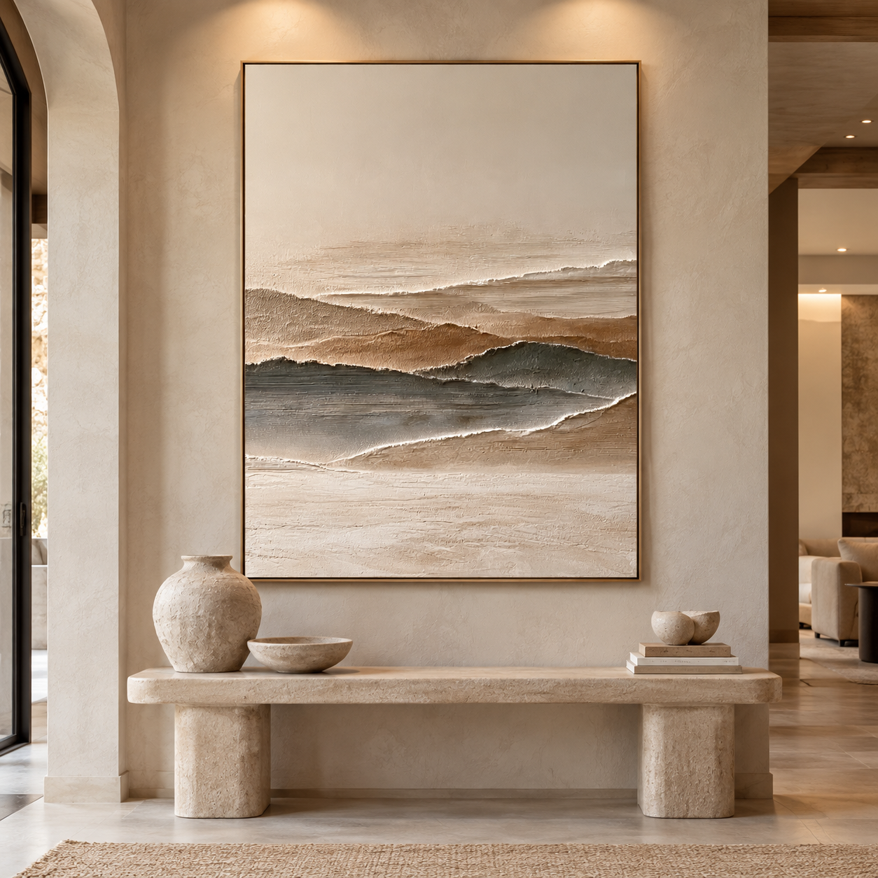 Minimalist Mountain Horizon 3D Textured Wall Art – Earthy Beige & Slate Grey Impasto Canvas Painting for Living Room, Wabi-Sabi Landscape Wall Decor TEXVAS | Textured Canvas Art