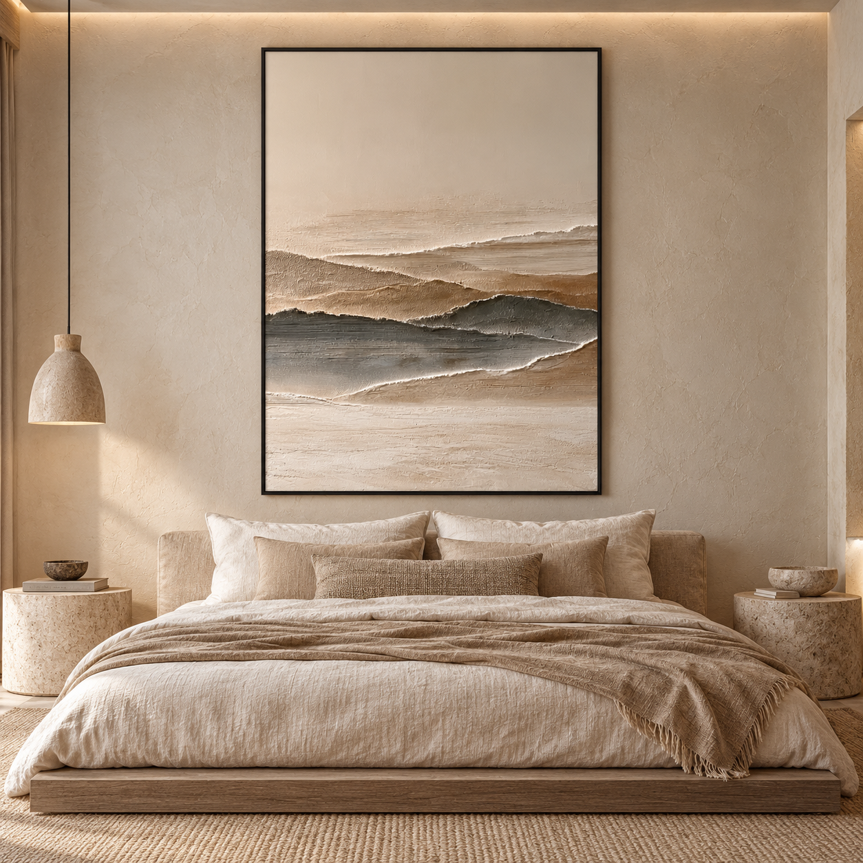 Minimalist Mountain Horizon 3D Textured Wall Art – Earthy Beige & Slate Grey Impasto Canvas Painting for Living Room, Wabi-Sabi Landscape Wall Decor TEXVAS | Textured Canvas Art