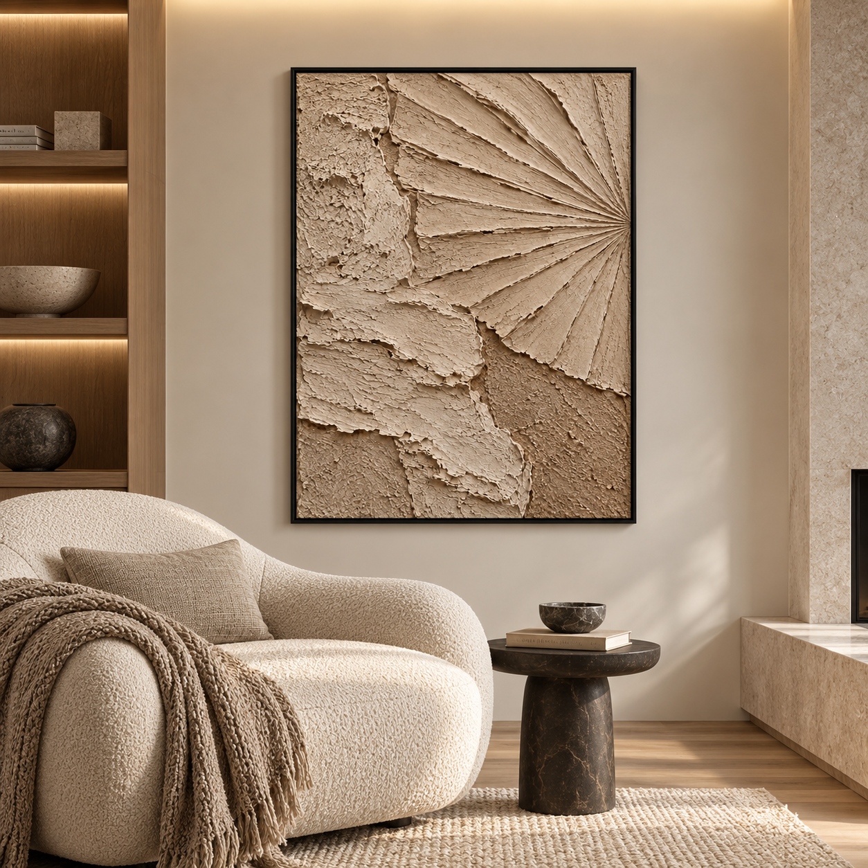 Sculptural Radial Fan & Sand Dune 3D Textured Wall Art – Warm Beige & Taupe Impasto Canvas Art for Living Room, Minimalist Wabi-Sabi Wall Decor TEXVAS | Textured Canvas Art