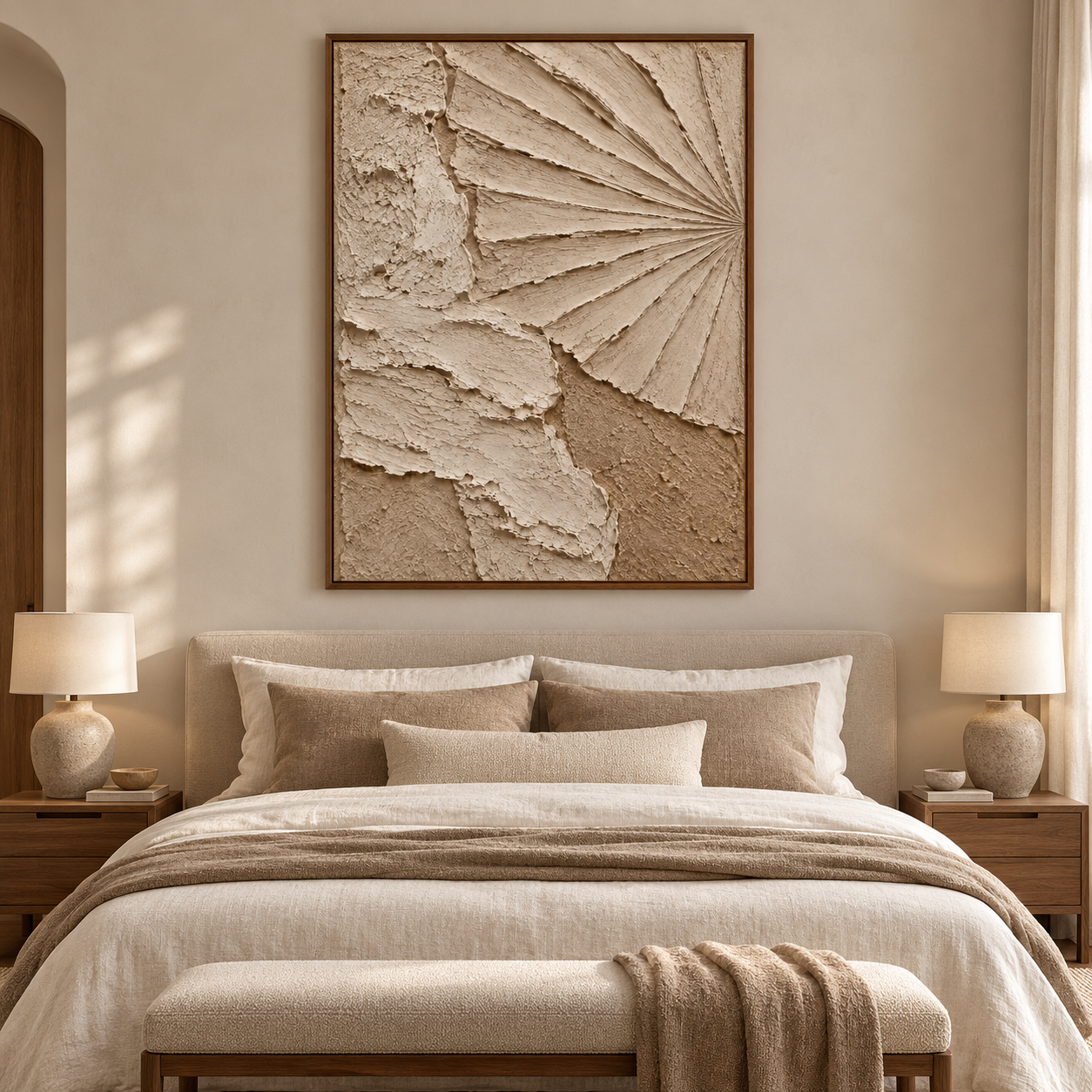 Sculptural Radial Fan & Sand Dune 3D Textured Wall Art – Warm Beige & Taupe Impasto Canvas Art for Living Room, Minimalist Wabi-Sabi Wall Decor TEXVAS | Textured Canvas Art