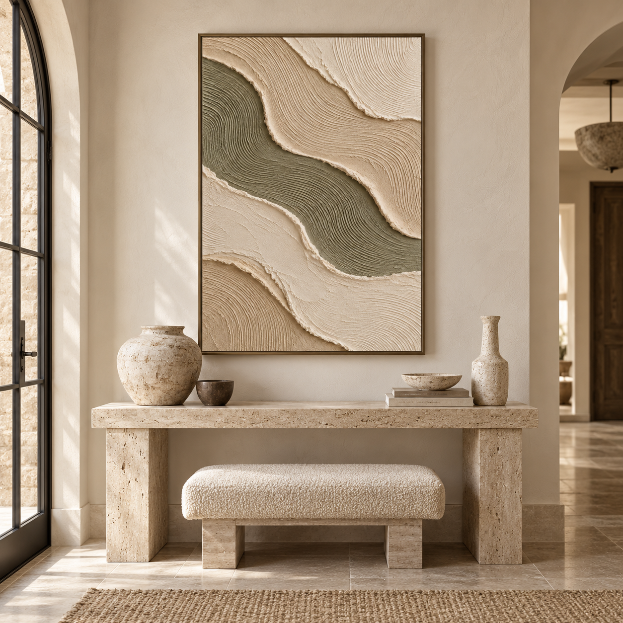 Wavy Sage Green & Beige Sand River 3D Textured Wall Art – Abstract Fluted Wave Impasto Canvas Art for Living Room, Modern Wabi-Sabi Wall Decor TEXVAS | Textured Canvas Art