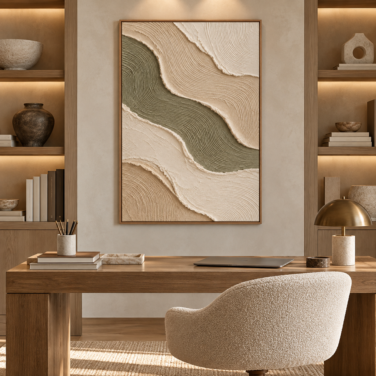 Wavy Sage Green & Beige Sand River 3D Textured Wall Art – Abstract Fluted Wave Impasto Canvas Art for Living Room, Modern Wabi-Sabi Wall Decor TEXVAS | Textured Canvas Art