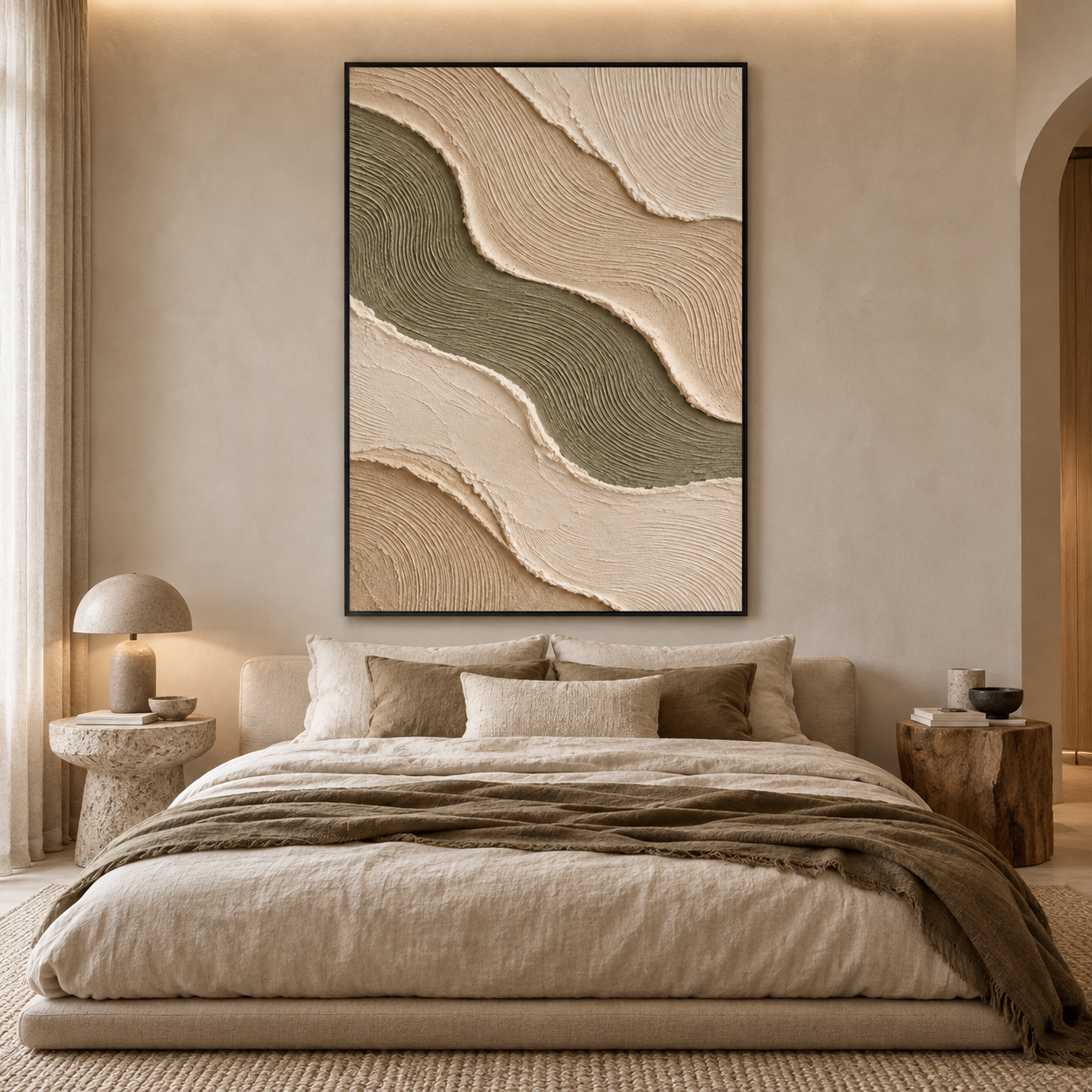 Wavy Sage Green & Beige Sand River 3D Textured Wall Art – Abstract Fluted Wave Impasto Canvas Art for Living Room, Modern Wabi-Sabi Wall Decor TEXVAS | Textured Canvas Art