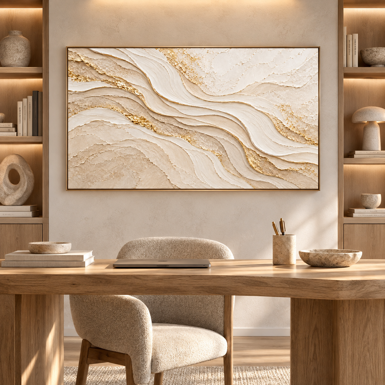Golden Sands Flow: Horizontal Luxury 3D Textured Wavy Mountain and Gold Leaf Impasto Wall Art for Modern Living Rooms TEXVAS | Textured Canvas Art