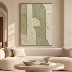 Geometric Arches Textured Wall Art - Sage Green & Cream Impasto Canvas with Curved and Linear Relief Patterns, Walnut Framed TEXVAS | Textured Canvas Art