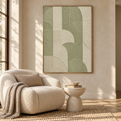 Geometric Arches Textured Wall Art - Sage Green & Cream Impasto Canvas with Curved and Linear Relief Patterns, Walnut Framed TEXVAS | Textured Canvas Art