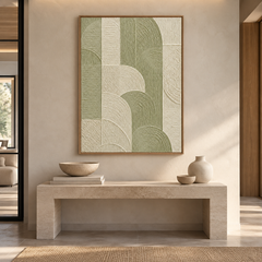 Geometric Arches Textured Wall Art - Sage Green & Cream Impasto Canvas with Curved and Linear Relief Patterns, Walnut Framed TEXVAS | Textured Canvas Art