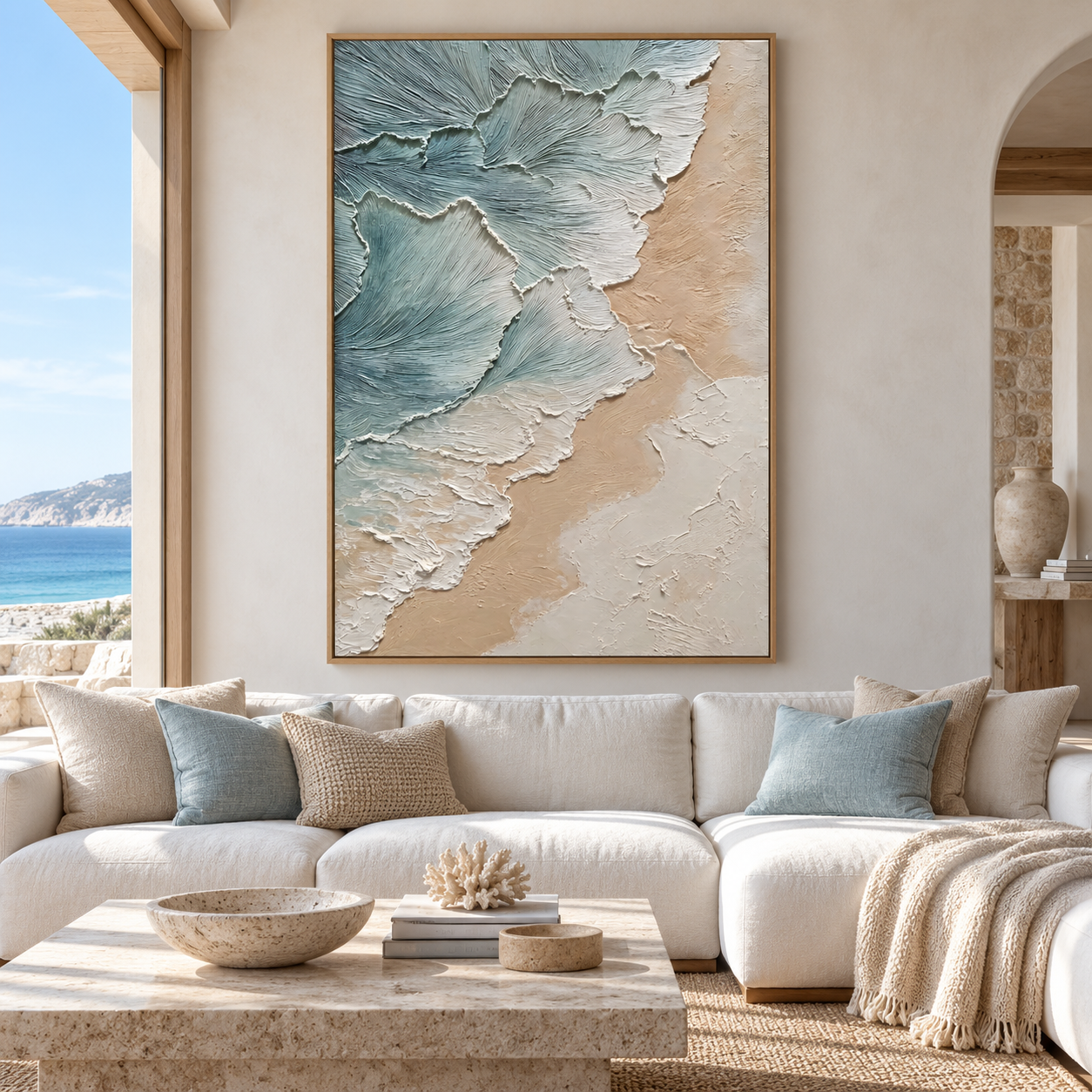 Ocean Foam and Sandy Shore: 3D Textured Impasto Coastal Wall Art TEXVAS | Textured Canvas Art