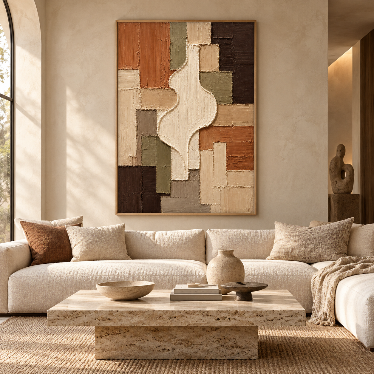Modern Geometric Patchwork & Organic Silhouette Textured Wall Art – Earthy Terracotta, Olive Green & Cream 3D Impasto Canvas Art for Living Room, Mid-Century Wabi-Sabi Wall Decor TEXVAS | Textured Canvas Art