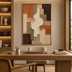 Modern Geometric Patchwork & Organic Silhouette Textured Wall Art – Earthy Terracotta, Olive Green & Cream 3D Impasto Canvas Art for Living Room, Mid-Century Wabi-Sabi Wall Decor TEXVAS | Textured Canvas Art