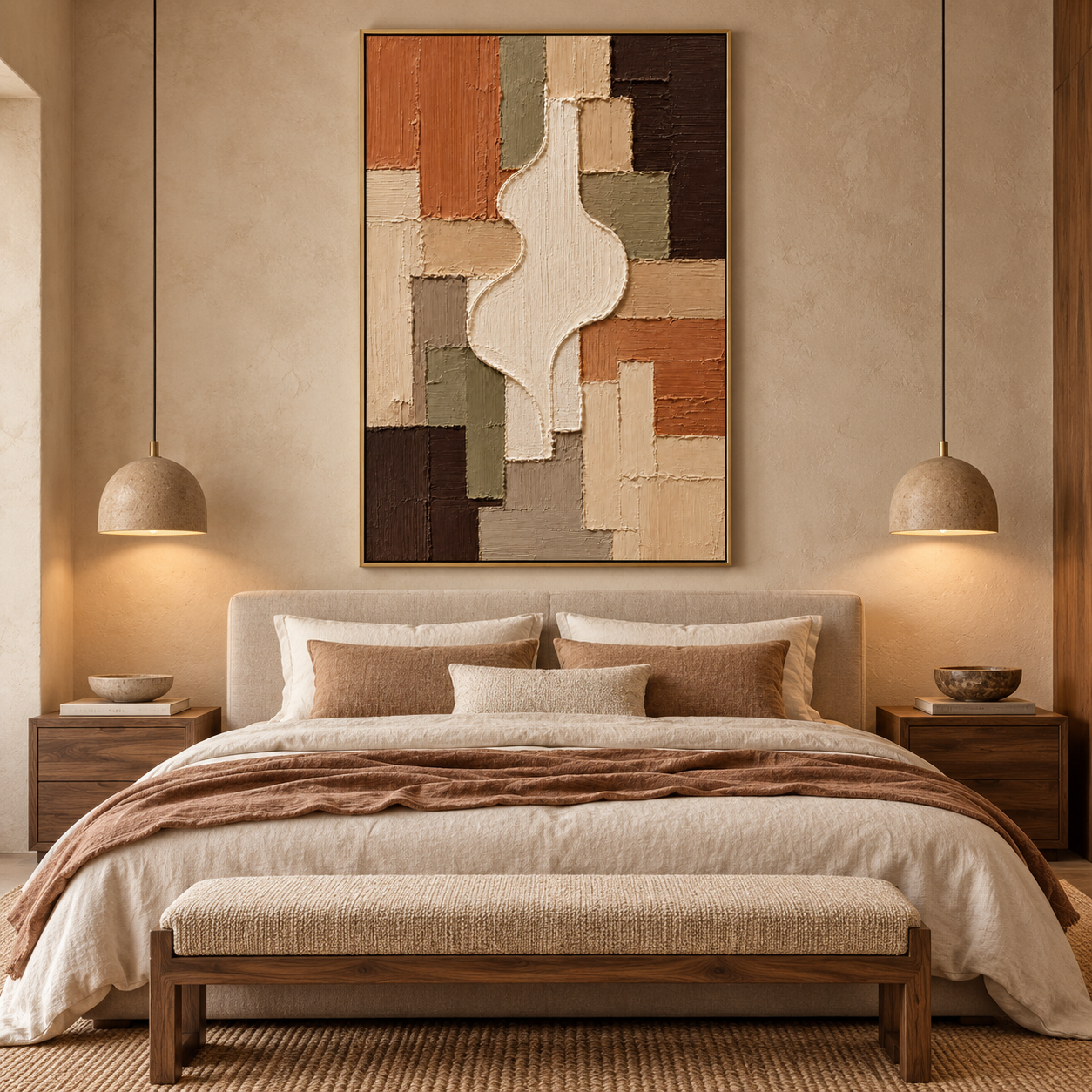Modern Geometric Patchwork & Organic Silhouette Textured Wall Art – Earthy Terracotta, Olive Green & Cream 3D Impasto Canvas Art for Living Room, Mid-Century Wabi-Sabi Wall Decor TEXVAS | Textured Canvas Art