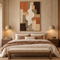 Modern Geometric Patchwork & Organic Silhouette Textured Wall Art – Earthy Terracotta, Olive Green & Cream 3D Impasto Canvas Art for Living Room, Mid-Century Wabi-Sabi Wall Decor TEXVAS | Textured Canvas Art