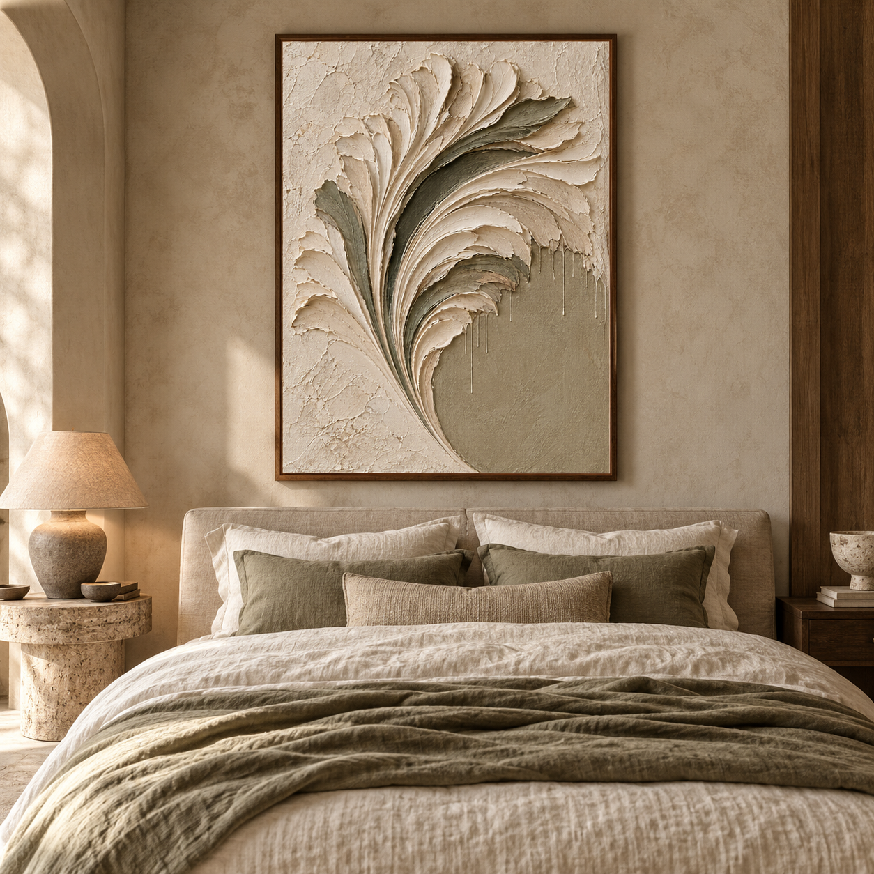 Sculptural Feather & Leaf 3D Textured Wall Art – Sage Green & Cream Impasto Canvas Art for Living Room, Botanical Wabi-Sabi Wall Decor TEXVAS | Textured Canvas Art