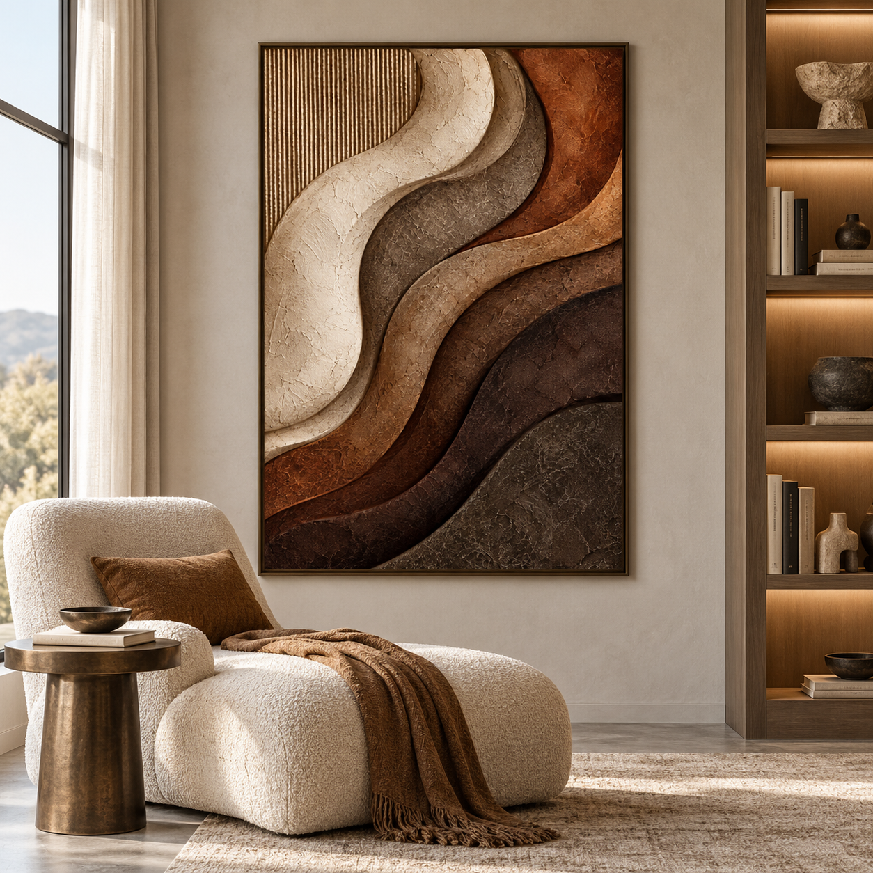 Wavy Layered Terracotta & Warm Earth Tone 3D Textured Wall Art – Abstract Fluted Wave Impasto Canvas Art for Living Room, Modern Wabi-Sabi Wall Decor TEXVAS | Textured Canvas Art