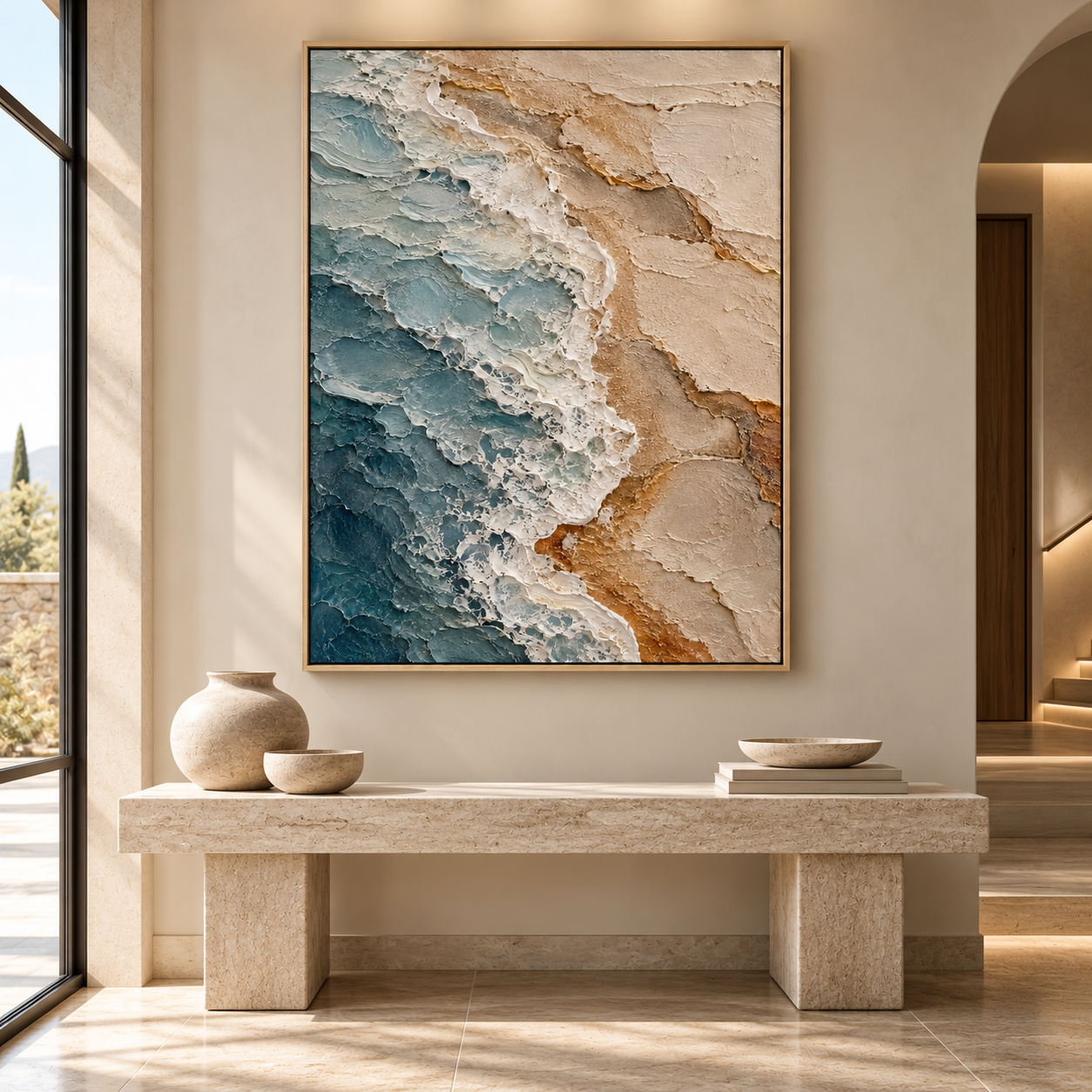 Ocean Waves & Golden Shore 3D Textured Coastal Wall Art – Deep Teal & Sandy Beige Impasto Canvas Painting for Living Room, Beach House Wall Decor TEXVAS | Textured Canvas Art