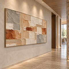 Earthy Patchwork Geometrics: Large Horizontal 3D Textured Abstract Plaster and Terracotta Impasto Canvas Wall Art for Living Room, Wabi-Sabi Natural Stone Decor, Walnut Framed TEXVAS | Textured Canvas Art