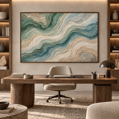3D High-Relief Textured Abstract Mountain & River Wall Art – Large Impasto Canvas in Deep Teal, Soft Green, Ivory, and Beige Tones, Modern Coastal or Wabi-Sabi Style, Large Horizontal Decor TEXVAS | Textured Canvas Art
