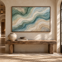 3D High-Relief Textured Abstract Mountain & River Wall Art – Large Impasto Canvas in Deep Teal, Soft Green, Ivory, and Beige Tones, Modern Coastal or Wabi-Sabi Style, Large Horizontal Decor TEXVAS | Textured Canvas Art