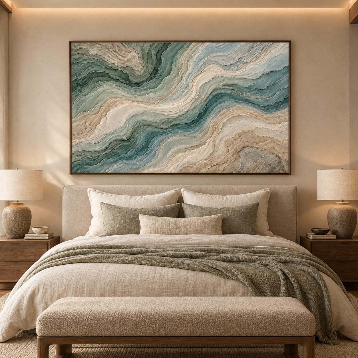 3D High-Relief Textured Abstract Mountain & River Wall Art – Large Impasto Canvas in Deep Teal, Soft Green, Ivory, and Beige Tones, Modern Coastal or Wabi-Sabi Style, Large Horizontal Decor TEXVAS | Textured Canvas Art