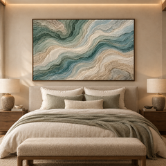 3D High-Relief Textured Abstract Mountain & River Wall Art – Large Impasto Canvas in Deep Teal, Soft Green, Ivory, and Beige Tones, Modern Coastal or Wabi-Sabi Style, Large Horizontal Decor TEXVAS | Textured Canvas Art