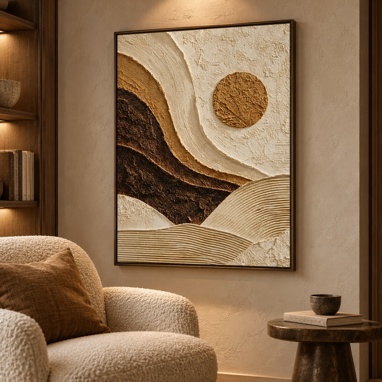 Desert Sun & Mountain Dunes 3D Textured Wall Art – Warm Ochre, Espresso & Cream Impasto Canvas Painting, Modern Wabi-Sabi Landscape Wall Decor TEXVAS | Textured Canvas Art