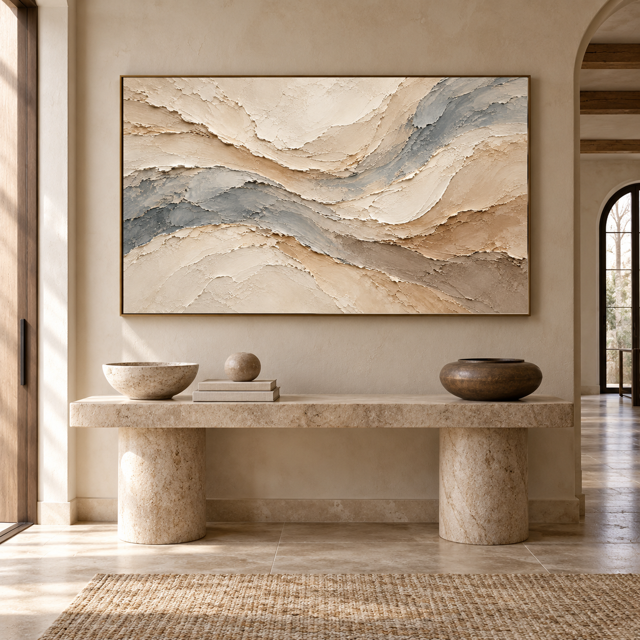 Serene River Currents 3D Textured Wall Art – Slate Blue, Sand Beige & Cream Heavy Impasto Canvas Painting, Large Horizontal Wabi-Sabi Wall Decor TEXVAS | Textured Canvas Art